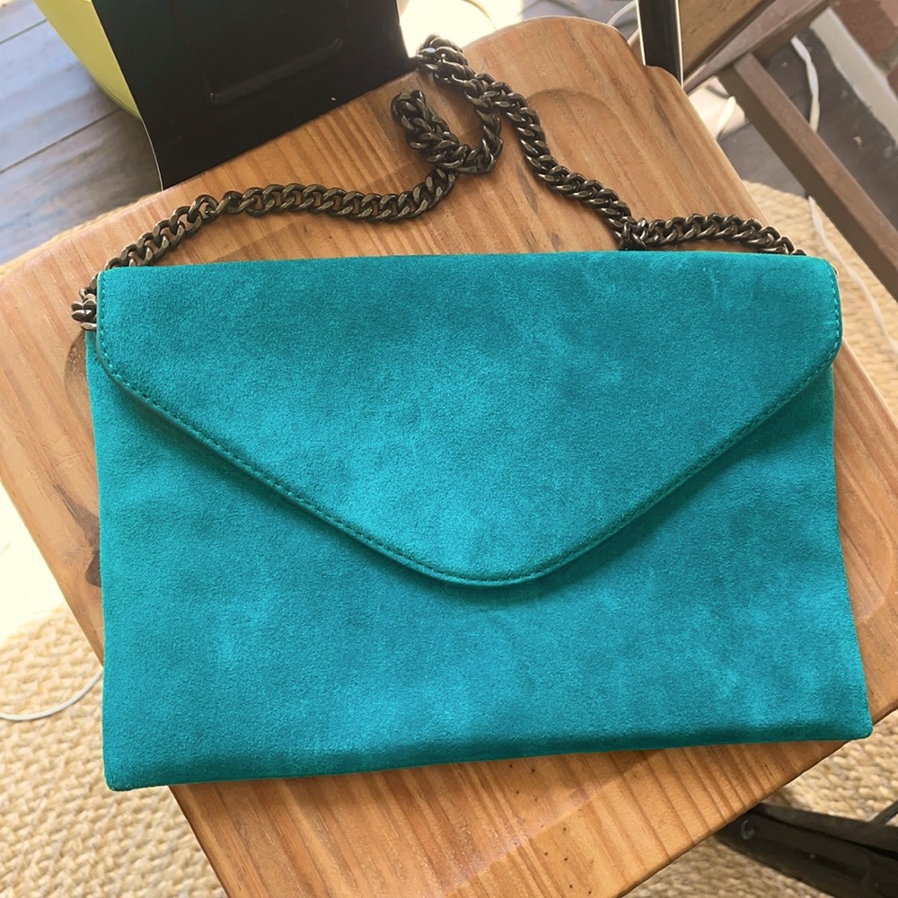 Teal suede J Crew clutch with chain strap